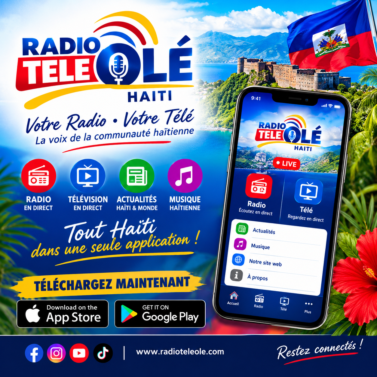 Radio Télé Olé Haïti — Votre Radio, Votre Télé. Radio, télévision, actualités et musique haïtienne dans une seule application.